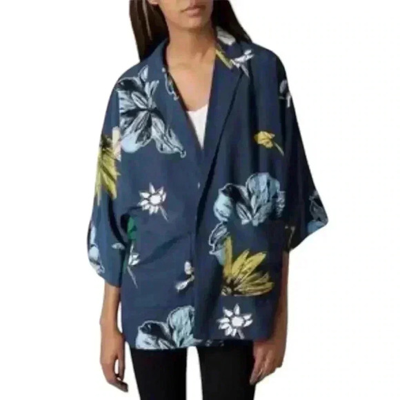 TOPSHOP kimono relaxed navy tropical floral blazer jacket kimono women’s size 8 - Picture 1 of 11